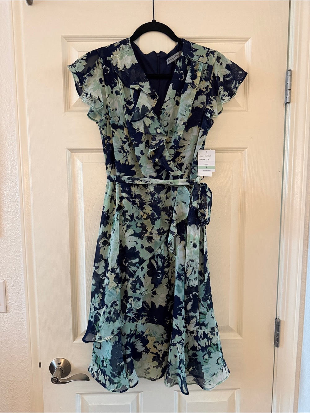 Danny & Nicole Navy and Mint Floral Wrap Mini Dress with Ruffle Trim